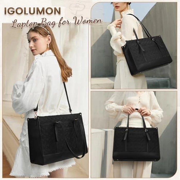 IGOLUMON Laptop Bags for Women Vegan Leather Laptop Bag 15.6 Inch Quilted Work Tote Bag Womens Laptop Briefcase for Business Travel Office Teacher Designer Computer Bag with Clutch Purse Black by IGOLUMON - Image 2