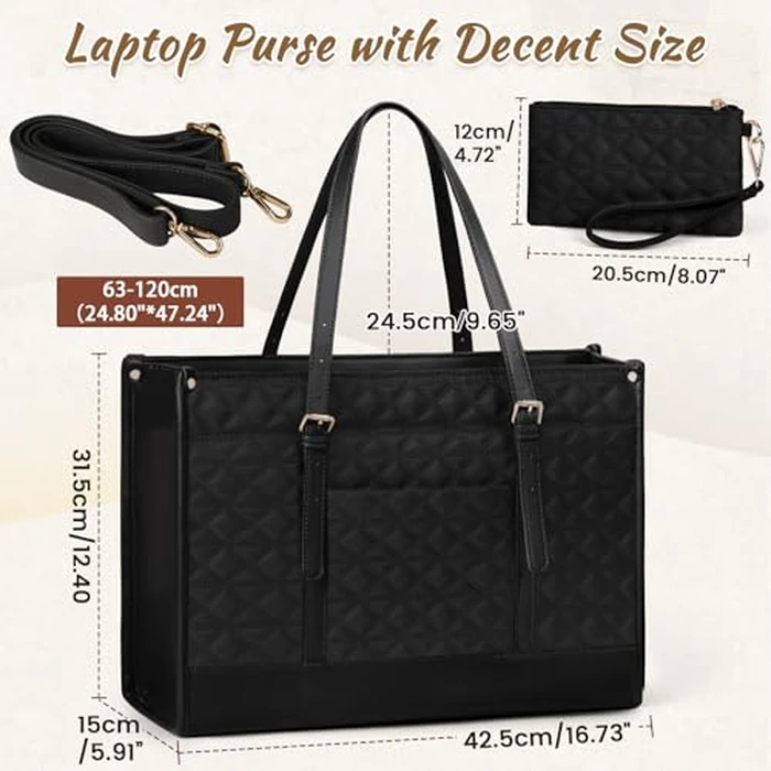 IGOLUMON Laptop Bags for Women Vegan Leather Laptop Bag 15.6 Inch Quilted Work Tote Bag Womens Laptop Briefcase for Business Travel Office Teacher Designer Computer Bag with Clutch Purse Black by IGOLUMON - Image 6