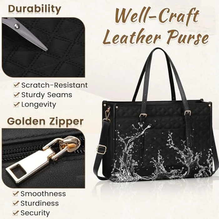 IGOLUMON Laptop Bags for Women Vegan Leather Laptop Bag 15.6 Inch Quilted Work Tote Bag Womens Laptop Briefcase for Business Travel Office Teacher Designer Computer Bag with Clutch Purse Black by IGOLUMON - Image 8