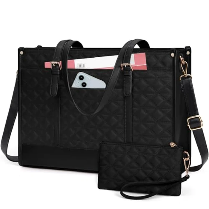 IGOLUMON Laptop Bags for Women Vegan Leather Laptop Bag 15.6 Inch Quilted Work Tote Bag Womens Laptop Briefcase for Business Travel Office Teacher Designer Computer Bag with Clutch Purse Black by IGOLUMON - Image 9