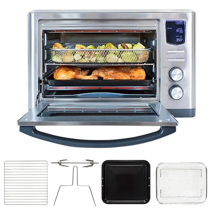 Kenmore Toaster Oven Air Fryer - Fry Chicken, Rotisserie, Bake Bread, Cookie, Pizza Dehydrator Racks Convection Kitchen Appliances 26 Quart Four à friteuse à air Stainless Steel by Koolatron - Used - Very Good condition