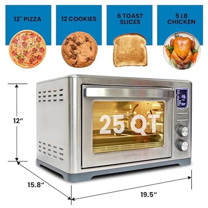 Kenmore Toaster Oven Air Fryer - Fry Chicken, Rotisserie, Bake Bread, Cookie, Pizza Dehydrator Racks Convection Kitchen Appliances 26 Quart Four à friteuse à air Stainless Steel by Koolatron - Image 4