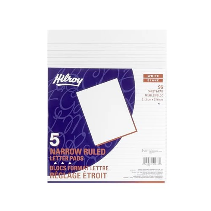 Hilroy Letter Pads, 8-3/8" x 10-7/8", Narrow Ruled, 192 Pages/96 Sheets Per Pad, 5-Pack, White (51240) by Hilroy - Used - Very Good condition - CA$8.42