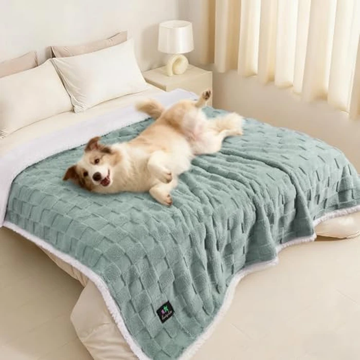 Luciphia Waterproof Dog Blanket, Leakproof Large Pet Blanket for Couch Sofa Bed Furniture Cover Protector, Washable Soft Sherpa Fleece with 3D Jacquard, Cozy Calming Reversible,Sage Green, 85"x57" by Luciphia - Used - Like New condition