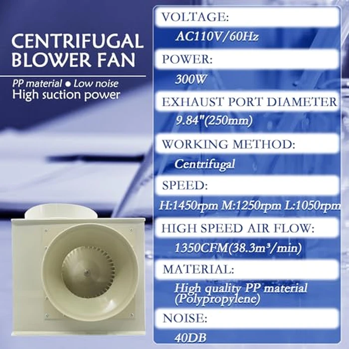 Maisutseb Fume Hood Blowers PP250 Laboratory Centrifugal Fan 1350CFM Centrifugal Blower Industrial Blower Laboratory Ventilation Hood Lab Ventilation Cabinet 300W 110V by Maisutseb - Image 2