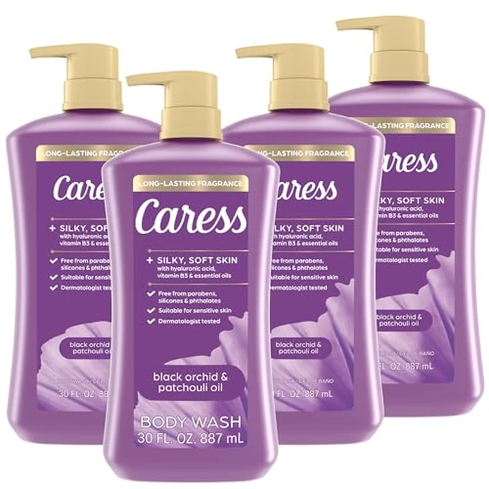 Caress Black Orchid & Patchouli Oil Body Wash with Pump, Hyaluronic Acid & Vitamin B3 for Moisturized, Silky Soft Skin, Long-Lasting Exotic Fragrance, 30 fl oz (4 Pack) by Caress - Image 1