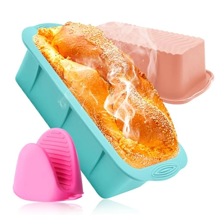 Bread Baking Loaf Pan Silicone, 2 Pcs Non-Stick Large Bread Pans for Homemade Baking Cakes and Meatloaf, Nonstick Bakeware Toast Mold for Kitchen Cake, Reusable Loaf Tins Easy Release Pink & Blue by Juozyve - Used - Very Good condition - CA$13.83