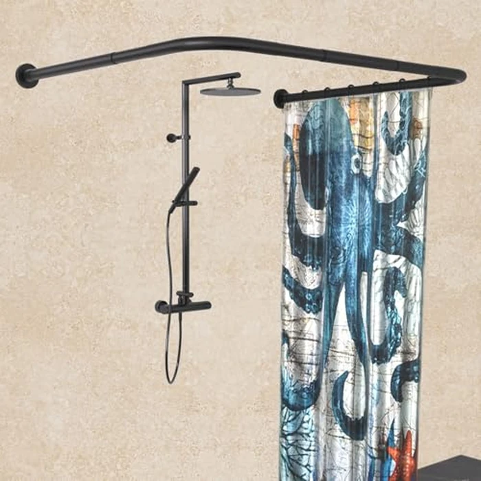 U Shaped Shower Curtain Rod (Both sides: 31.5"-47", Middle: 34.7"-43") Adjustable Genuine 304 Stainless Bathroom Bathtub Shower Curtain Rod Rack with 12 Shower Curtain Rings - Black by Sikaiqi - Used - Very Good condition