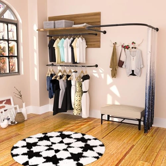 U Shaped Shower Curtain Rod (Both sides: 31.5"-47", Middle: 34.7"-43") Adjustable Genuine 304 Stainless Bathroom Bathtub Shower Curtain Rod Rack with 12 Shower Curtain Rings - Black by Sikaiqi - Image 3