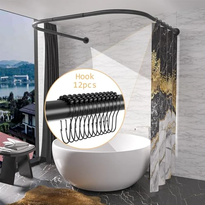 U Shaped Shower Curtain Rod (Both sides: 31.5"-47", Middle: 34.7"-43") Adjustable Genuine 304 Stainless Bathroom Bathtub Shower Curtain Rod Rack with 12 Shower Curtain Rings - Black by Sikaiqi - Image 5