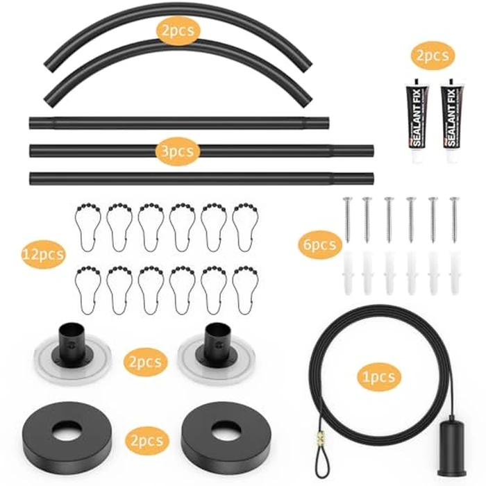 U Shaped Shower Curtain Rod (Both sides: 31.5"-47", Middle: 34.7"-43") Adjustable Genuine 304 Stainless Bathroom Bathtub Shower Curtain Rod Rack with 12 Shower Curtain Rings - Black by Sikaiqi - Image 7