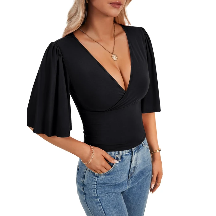 LYANER Women's V Neck Wrap Dressy Tops for Women Elegant Ruffle Short Sleeve Business Casual Blouse Black Small by LYANER - Used - Like New condition