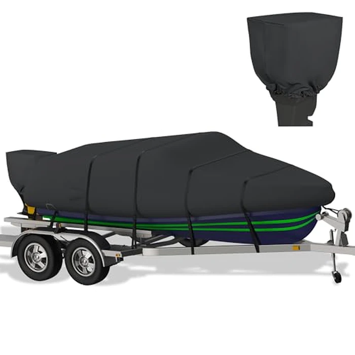 K-Musculo Boat Cover, 16-18.5 ft Heavy Duty 800D Waterproof Boat Cover, Tear UV Resistant with Motor Cover, Fits V-Hull, Tri-Hull(Boat Width 94in, Black) by K-Musculo - Used - Very Good condition