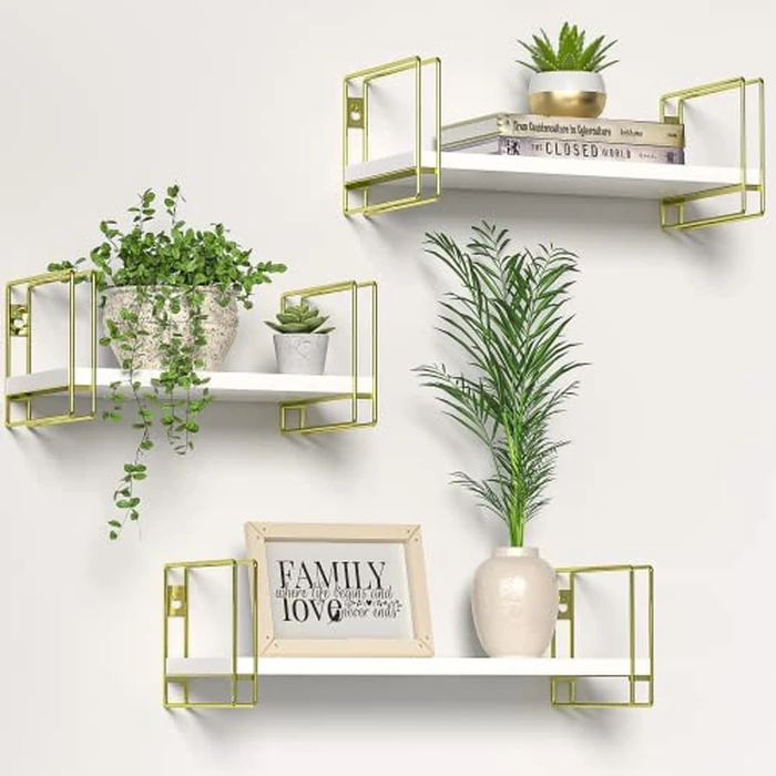 J JACKCUBE DESIGN White Wood Floating Shelves, Set of 3 Wall Mounted Hanging Shelves with Gold Wire Frames for Bedroom. Living Room, Kitchen, Bathroom and Office - MK696C by J JACKCUBE DESIGN - Image 1