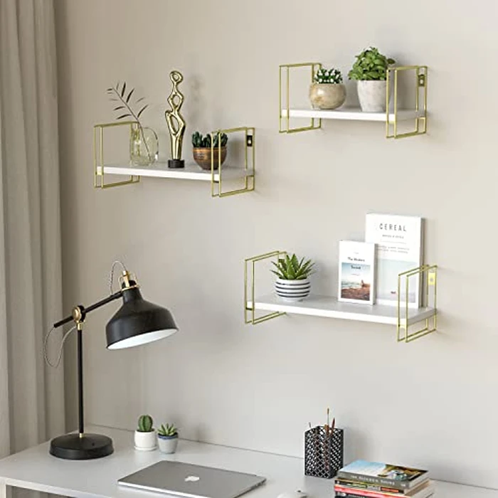 J JACKCUBE DESIGN White Wood Floating Shelves, Set of 3 Wall Mounted Hanging Shelves with Gold Wire Frames for Bedroom. Living Room, Kitchen, Bathroom and Office - MK696C by J JACKCUBE DESIGN - Image 2