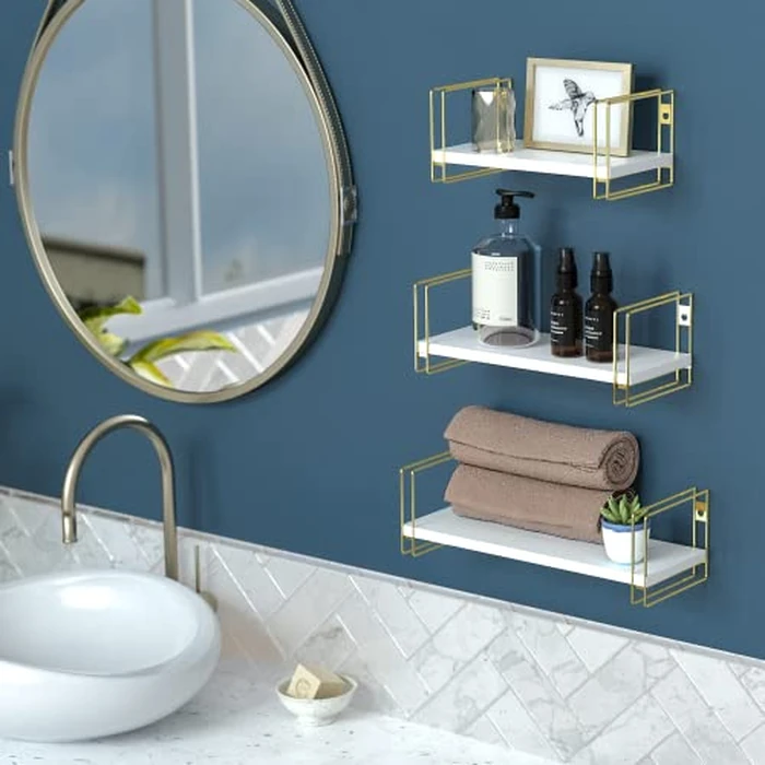 J JACKCUBE DESIGN White Wood Floating Shelves, Set of 3 Wall Mounted Hanging Shelves with Gold Wire Frames for Bedroom. Living Room, Kitchen, Bathroom and Office - MK696C by J JACKCUBE DESIGN - Image 4