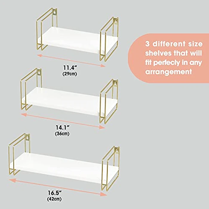 J JACKCUBE DESIGN White Wood Floating Shelves, Set of 3 Wall Mounted Hanging Shelves with Gold Wire Frames for Bedroom. Living Room, Kitchen, Bathroom and Office - MK696C by J JACKCUBE DESIGN - Image 5