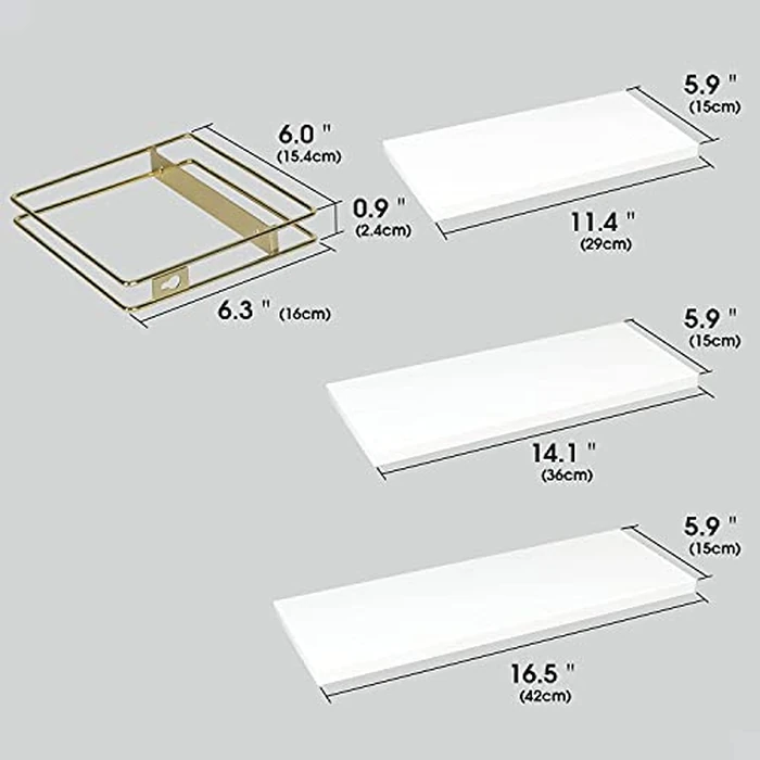 J JACKCUBE DESIGN White Wood Floating Shelves, Set of 3 Wall Mounted Hanging Shelves with Gold Wire Frames for Bedroom. Living Room, Kitchen, Bathroom and Office - MK696C by J JACKCUBE DESIGN - Image 6
