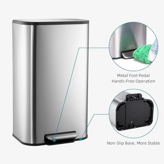 GarveeHome 8 gal Stainless Steel Kitchen Trash Can, 30 L Garbage Can, Step On Rectangular Trash Can with Lid Foot Pedal & Inner Bucket for Kitchen Home Office Living Room by GarveeHome - Image 5