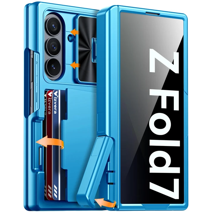 Vizvera for Galaxy Z Fold 7 Case Wallet,RFlD Cards Holder [Kickstand][Privacy Screen Protector][Camera Cover] Shockproof Silicone Protective Phone Case for Z Fold 7 2025-Lake Blue by Vizvera - Image 1