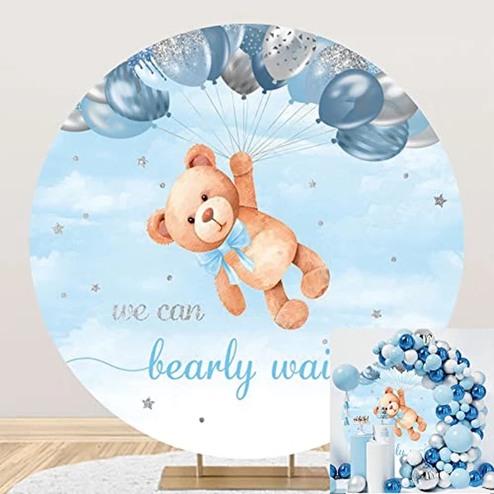 OERJU Bear Baby Shower Round Backdrop Cover - We Can Bearly Wait - Sky Blue Balloons Boy Kids Gender Reveal Newborn Party Circle Backdrop Cover Cake Table Decor Photo Studio Prop 6.5x6.5ft by OERJU - Used - Acceptable condition - CA$43.54