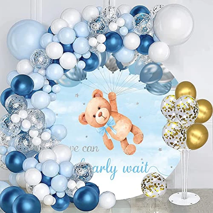 OERJU Bear Baby Shower Round Backdrop Cover - We Can Bearly Wait - Sky Blue Balloons Boy Kids Gender Reveal Newborn Party Circle Backdrop Cover Cake Table Decor Photo Studio Prop 6.5x6.5ft by OERJU - Image 2
