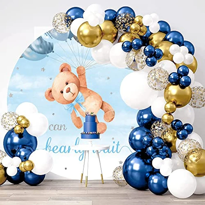 OERJU Bear Baby Shower Round Backdrop Cover - We Can Bearly Wait - Sky Blue Balloons Boy Kids Gender Reveal Newborn Party Circle Backdrop Cover Cake Table Decor Photo Studio Prop 6.5x6.5ft by OERJU - Image 3