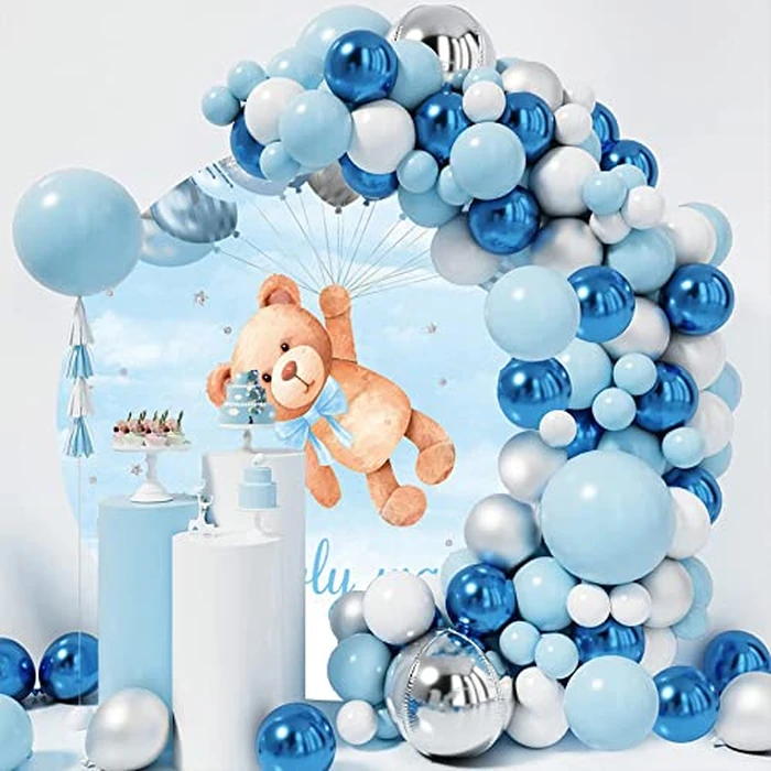 OERJU Bear Baby Shower Round Backdrop Cover - We Can Bearly Wait - Sky Blue Balloons Boy Kids Gender Reveal Newborn Party Circle Backdrop Cover Cake Table Decor Photo Studio Prop 6.5x6.5ft by OERJU - Image 4