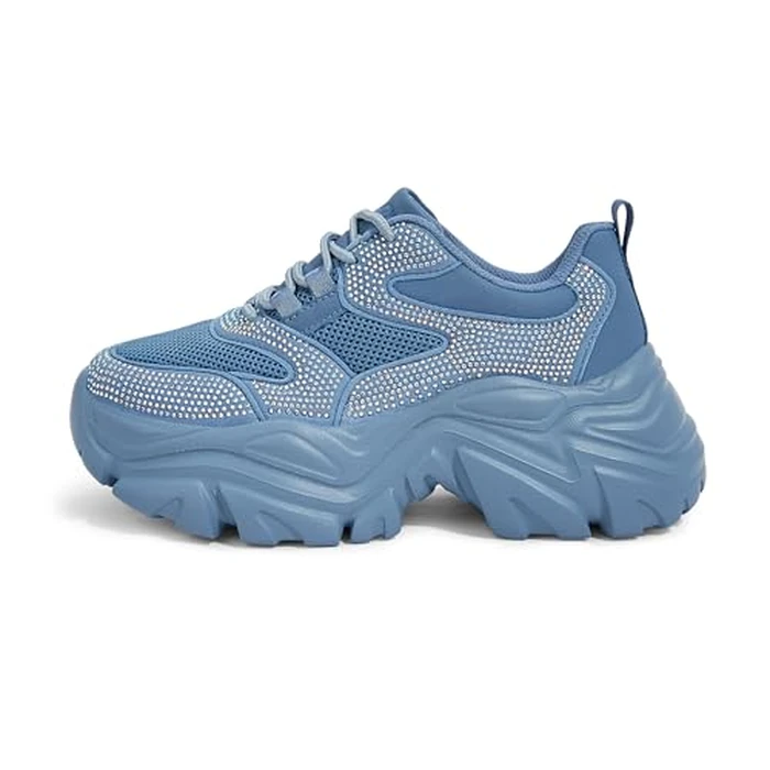 K KIP WOK Chunky Sneakers for Women Fashion Platform Rhinestone White Leather Casual Dad Shoes Comfortable Wedge Walking Sport Sneakers(Blue Rhinestone,7) by K KIP WOK - Used - Like New condition