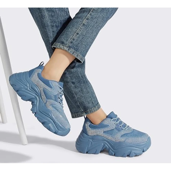 K KIP WOK Chunky Sneakers for Women Fashion Platform Rhinestone White Leather Casual Dad Shoes Comfortable Wedge Walking Sport Sneakers(Blue Rhinestone,7) by K KIP WOK - Image 2