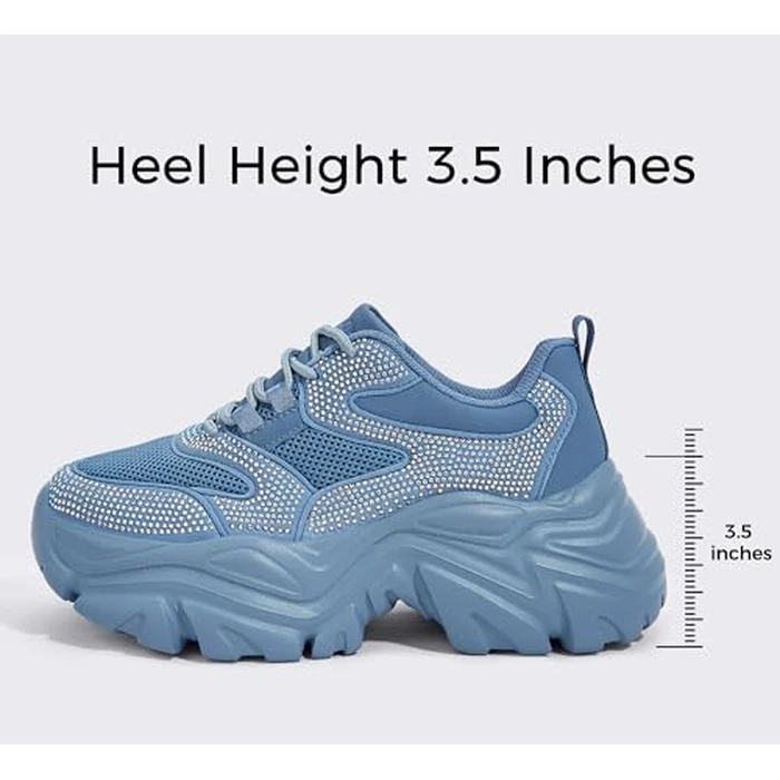 K KIP WOK Chunky Sneakers for Women Fashion Platform Rhinestone White Leather Casual Dad Shoes Comfortable Wedge Walking Sport Sneakers(Blue Rhinestone,7) by K KIP WOK - Image 3