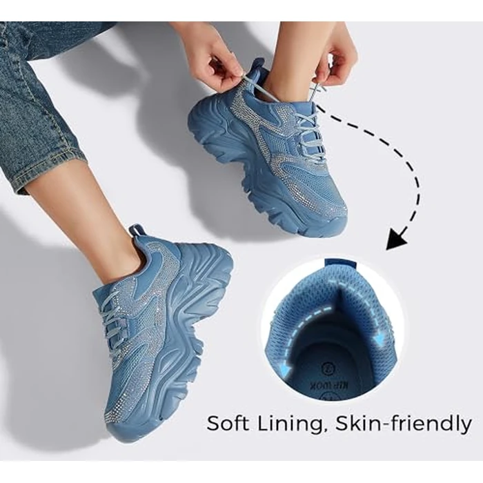 K KIP WOK Chunky Sneakers for Women Fashion Platform Rhinestone White Leather Casual Dad Shoes Comfortable Wedge Walking Sport Sneakers(Blue Rhinestone,7) by K KIP WOK - Image 4