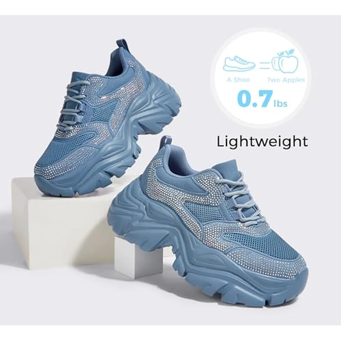 K KIP WOK Chunky Sneakers for Women Fashion Platform Rhinestone White Leather Casual Dad Shoes Comfortable Wedge Walking Sport Sneakers(Blue Rhinestone,7) by K KIP WOK - Image 5