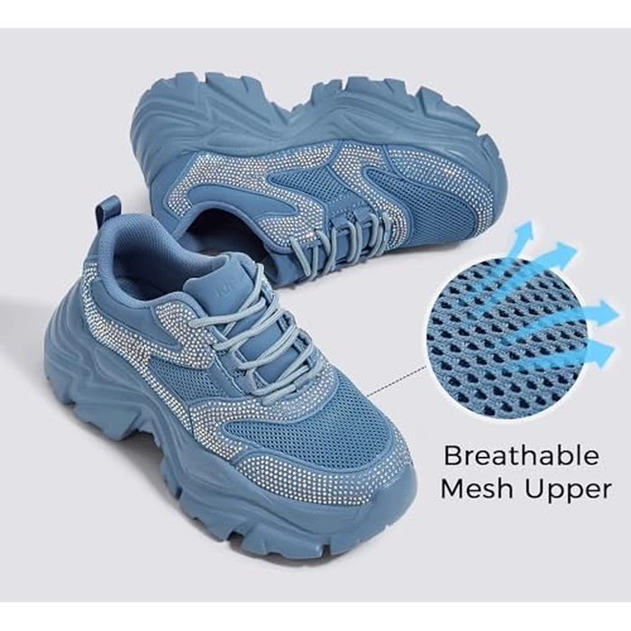 K KIP WOK Chunky Sneakers for Women Fashion Platform Rhinestone White Leather Casual Dad Shoes Comfortable Wedge Walking Sport Sneakers(Blue Rhinestone,7) by K KIP WOK - Image 6