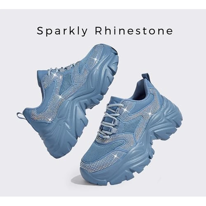 K KIP WOK Chunky Sneakers for Women Fashion Platform Rhinestone White Leather Casual Dad Shoes Comfortable Wedge Walking Sport Sneakers(Blue Rhinestone,7) by K KIP WOK - Image 7