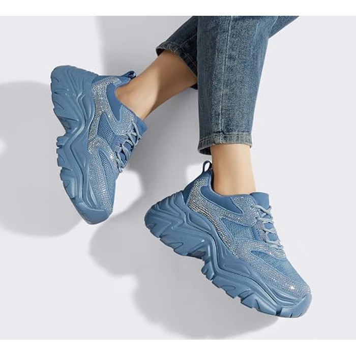 K KIP WOK Chunky Sneakers for Women Fashion Platform Rhinestone White Leather Casual Dad Shoes Comfortable Wedge Walking Sport Sneakers(Blue Rhinestone,7) by K KIP WOK - Image 8