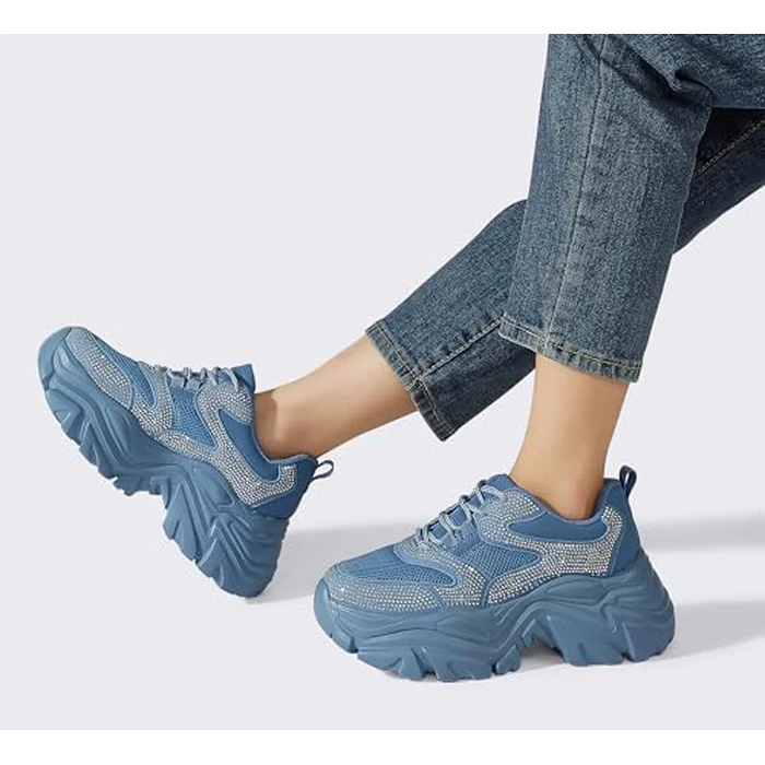 K KIP WOK Chunky Sneakers for Women Fashion Platform Rhinestone White Leather Casual Dad Shoes Comfortable Wedge Walking Sport Sneakers(Blue Rhinestone,7) by K KIP WOK - Image 9