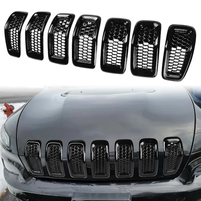 JSCARLIFE 2014-2018 J-eep Cherokee ABS Honeycomb Grille Inserts 7-Piece Kit - OEM Style Mesh Covers | Clip-On Installation, Anti-Corrosion Trim for KL Model (Black) by JSCARLIFE - Used - Very Good condition