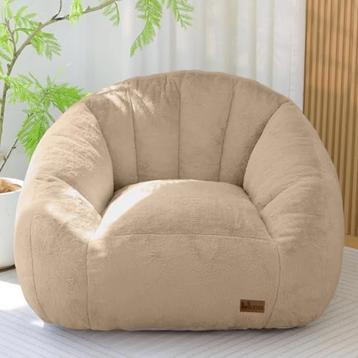 UODERS Bean Bag Chair, Faux Fur Beanbag Chairs for Kids & Adults, Shell-Shaped Comfy Floor Chair with Foam Filling for Reading and Living Room(Khaki-L) by UODERS - Used - Very Good condition - CA$138.41