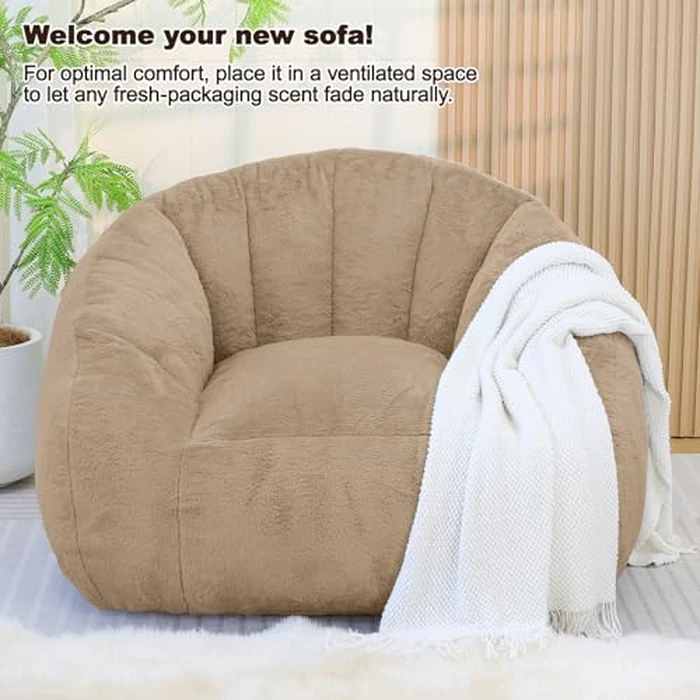 UODERS Bean Bag Chair, Faux Fur Beanbag Chairs for Kids & Adults, Shell-Shaped Comfy Floor Chair with Foam Filling for Reading and Living Room(Khaki-L) by UODERS - Image 8