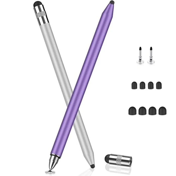 MEKO 3 in 1 Stylus Pens for Touch Screens, High Sensitivity & Precision Capacitive Stylus Pencil for Apple iPad iPhone Tablets Samsung Galaxy All Universal Touchscreen Devices (2 Pack-Silver/Purple) by MEKO - Used - Good condition