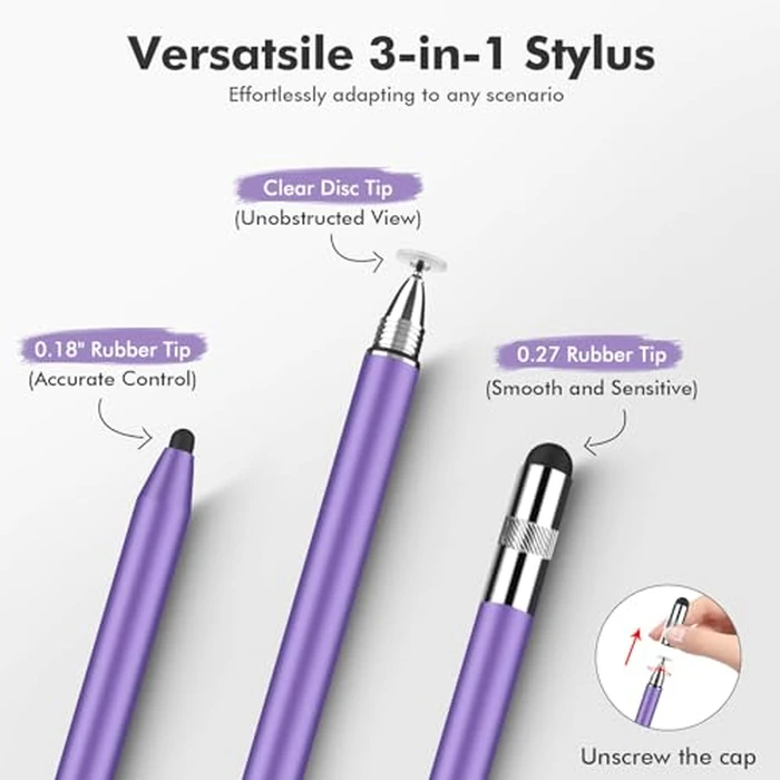 MEKO 3 in 1 Stylus Pens for Touch Screens, High Sensitivity & Precision Capacitive Stylus Pencil for Apple iPad iPhone Tablets Samsung Galaxy All Universal Touchscreen Devices (2 Pack-Silver/Purple) by MEKO - Image 2