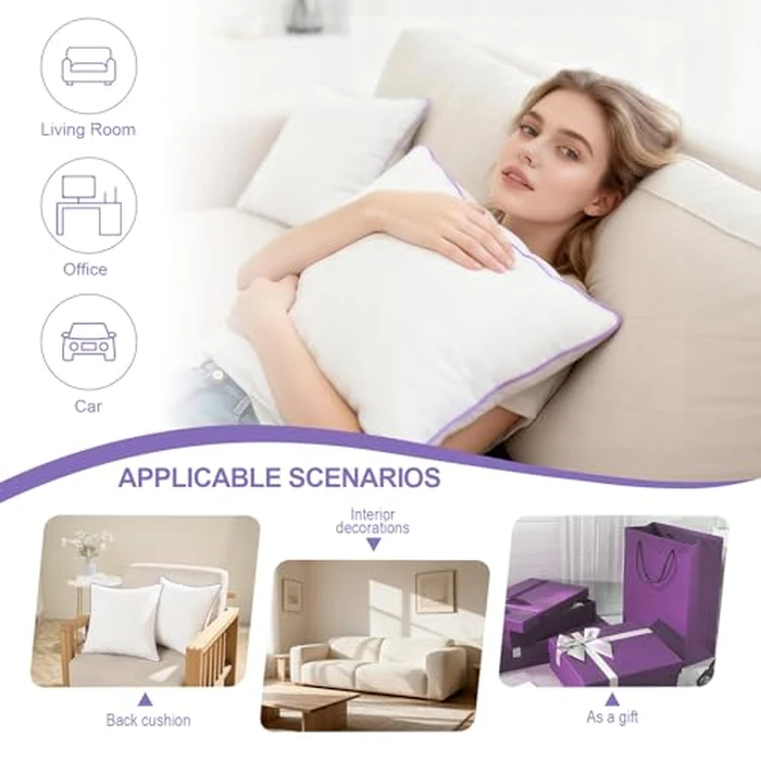Wuuyuef 20x20 Pillow Inserts Set of 2, Hypoallergenic Soft Fluffy Decorative Throw Pillow Inserts with Purple Reinforced Edges, Machine Washable, for Sofa Couch, White by Wuuyuef - Image 5