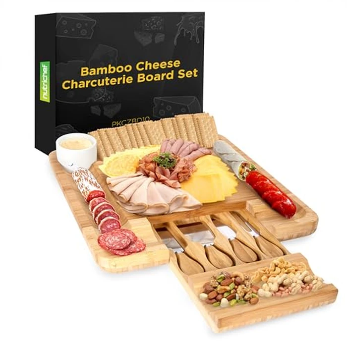 NutriChef Charcuterie Board Set, 100% Bamboo Cheese Tray Includes Sliding Drawer with 4 Knives & Condiment Mini Bowl, Gift Set for Birthdays, New Home, Wedding by Nutrichef - Used - Very Good condition - CA$29.96