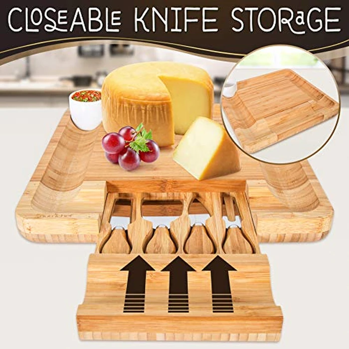 NutriChef Charcuterie Board Set, 100% Bamboo Cheese Tray Includes Sliding Drawer with 4 Knives & Condiment Mini Bowl, Gift Set for Birthdays, New Home, Wedding by Nutrichef - Image 4