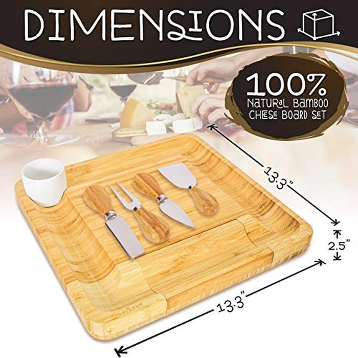 NutriChef Charcuterie Board Set, 100% Bamboo Cheese Tray Includes Sliding Drawer with 4 Knives & Condiment Mini Bowl, Gift Set for Birthdays, New Home, Wedding by Nutrichef - Image 7