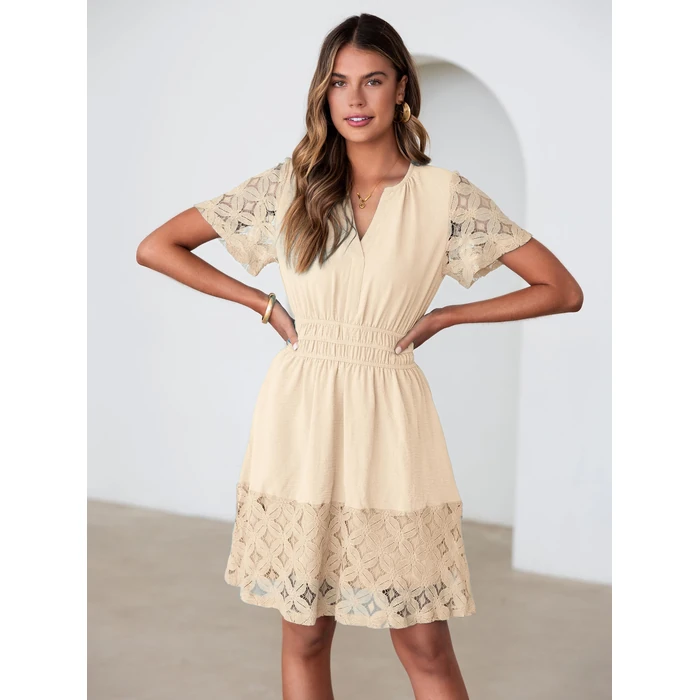 Simplee Womens Boho Summer Dresses Casual Wedding Guest A Line V Neck Hollow Out Eyelet Cute Short Graduation Dress Beige S by Simplee - Image 7