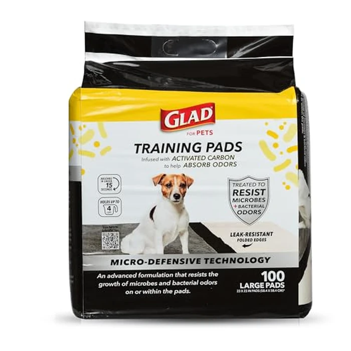 Glad for Pets Activated Carbon Puppy Training Pads with Anti-Microbial Technology, Odor Control Pee Mats for Dogs, 6-Layer Leak-Proof Heavy Duty Indoor Potty Pads, 23 x 23 Inches, 100 Count by Glad - Used - Like New condition