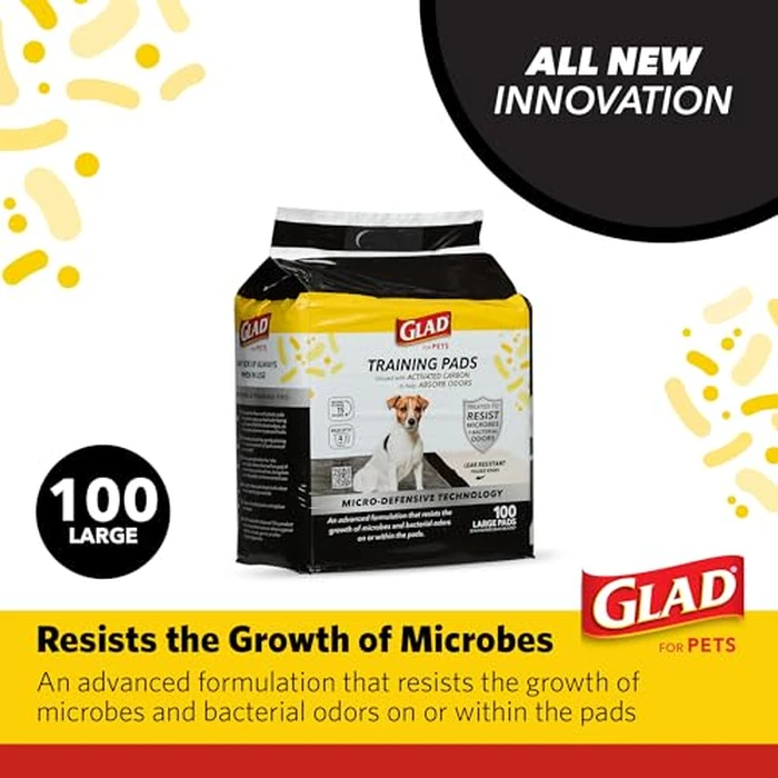 Glad for Pets Activated Carbon Puppy Training Pads with Anti-Microbial Technology, Odor Control Pee Mats for Dogs, 6-Layer Leak-Proof Heavy Duty Indoor Potty Pads, 23 x 23 Inches, 100 Count by Glad - Image 2