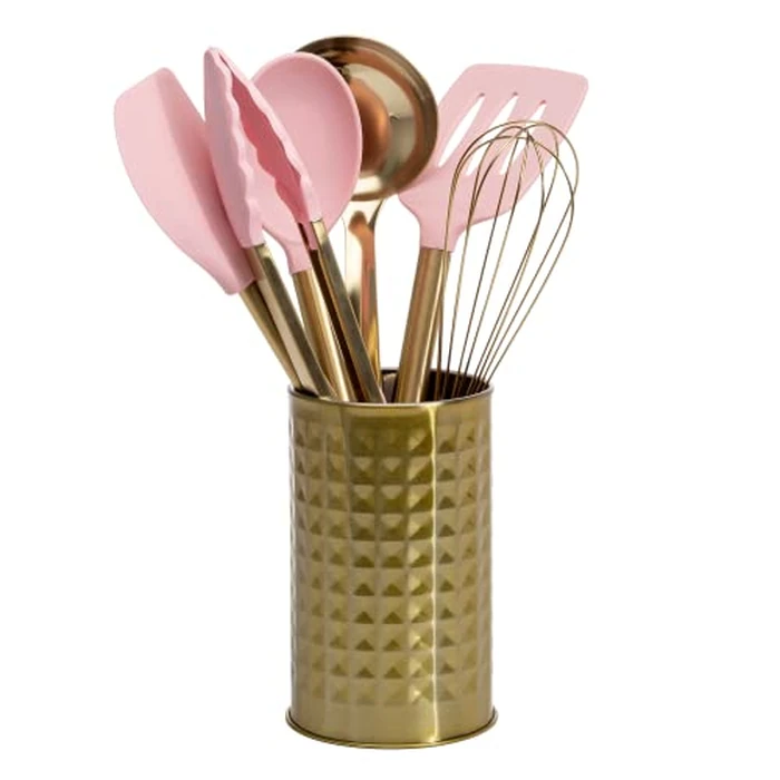 Paris Hilton Kitchen Set Tool Crock with Silicone Cooking Utensils, Stainless Steel Whisk and Ladle, 7-Piece, Pink and Gold by Paris Hilton - Used - Like New condition